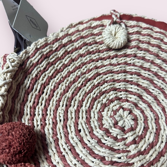 NWT Fossil Faye Crossbody Straw Woven Handbag Terracotta Accents Brown Strap - Picture 4 of 10